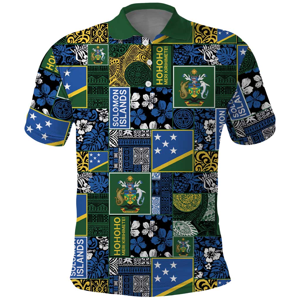 Solomon Islands Meri Kirihimete Polo Shirt Pacific Patchwork Xmas Vibes LT9 Blue - Polynesian Pride