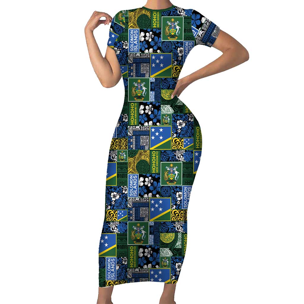 Solomon Islands Meri Kirihimete Short Sleeve Bodycon Dress Pacific Patchwork Xmas Vibes LT9 Long Dress Blue - Polynesian Pride