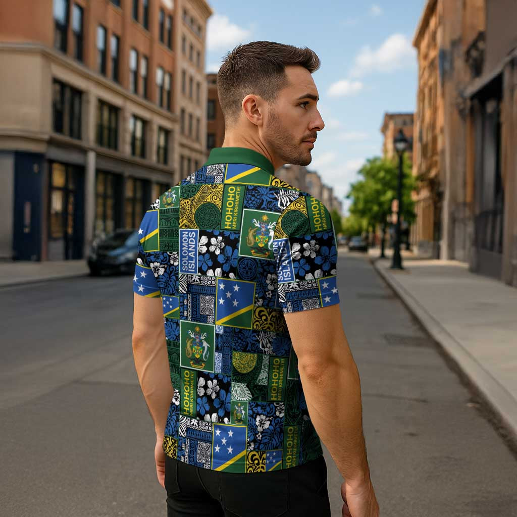 Solomon Islands Meri Kirihimete Zipper Polo Shirt Pacific Patchwork Xmas Vibes LT9 - Polynesian Pride