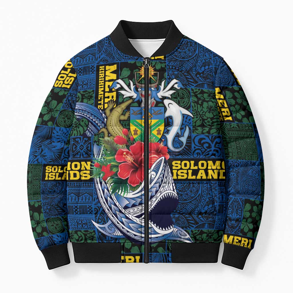 Solomon Islands Meri Kirihimete Bomber Puffer Jacket Funny Santa Riding Shark LT9 Unisex Blue - Polynesian Pride