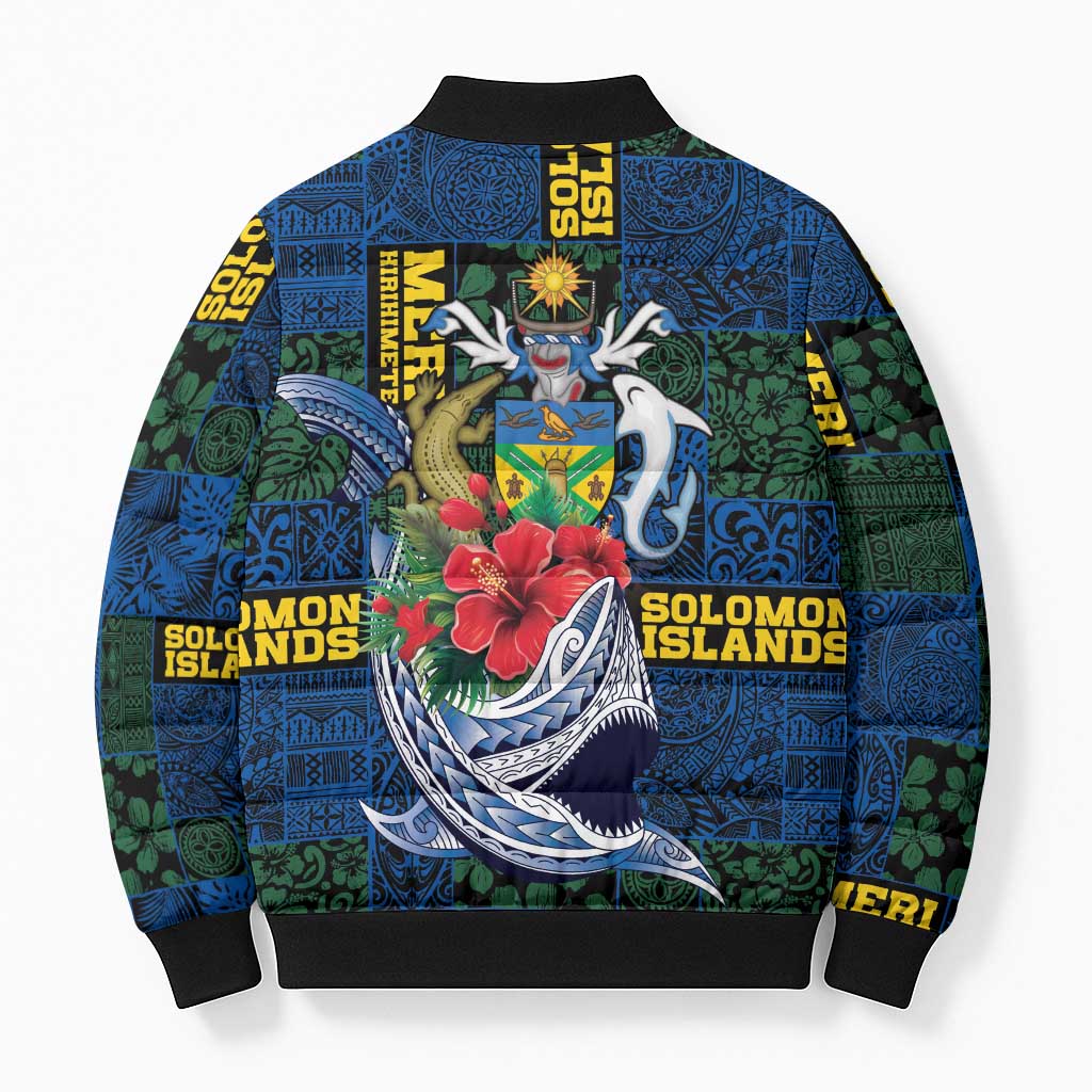 Solomon Islands Meri Kirihimete Bomber Puffer Jacket Funny Santa Riding Shark LT9 - Polynesian Pride