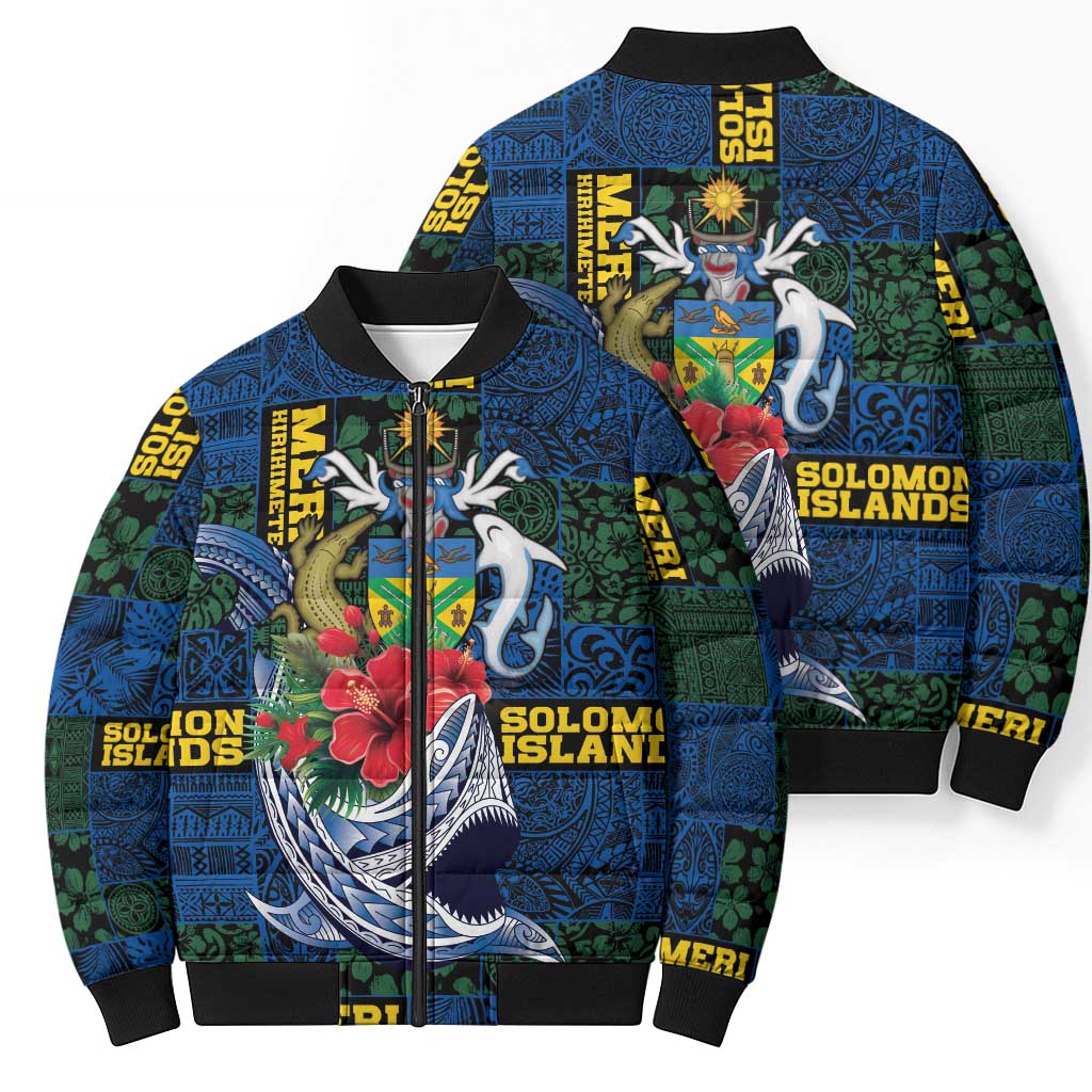 Solomon Islands Meri Kirihimete Bomber Puffer Jacket Funny Santa Riding Shark LT9 - Polynesian Pride