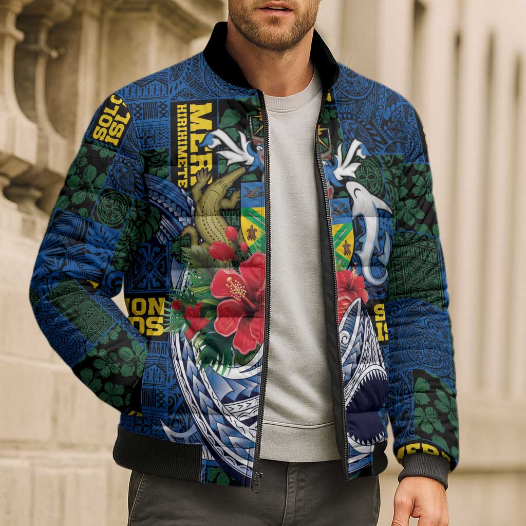 Solomon Islands Meri Kirihimete Bomber Puffer Jacket Funny Santa Riding Shark LT9 - Polynesian Pride