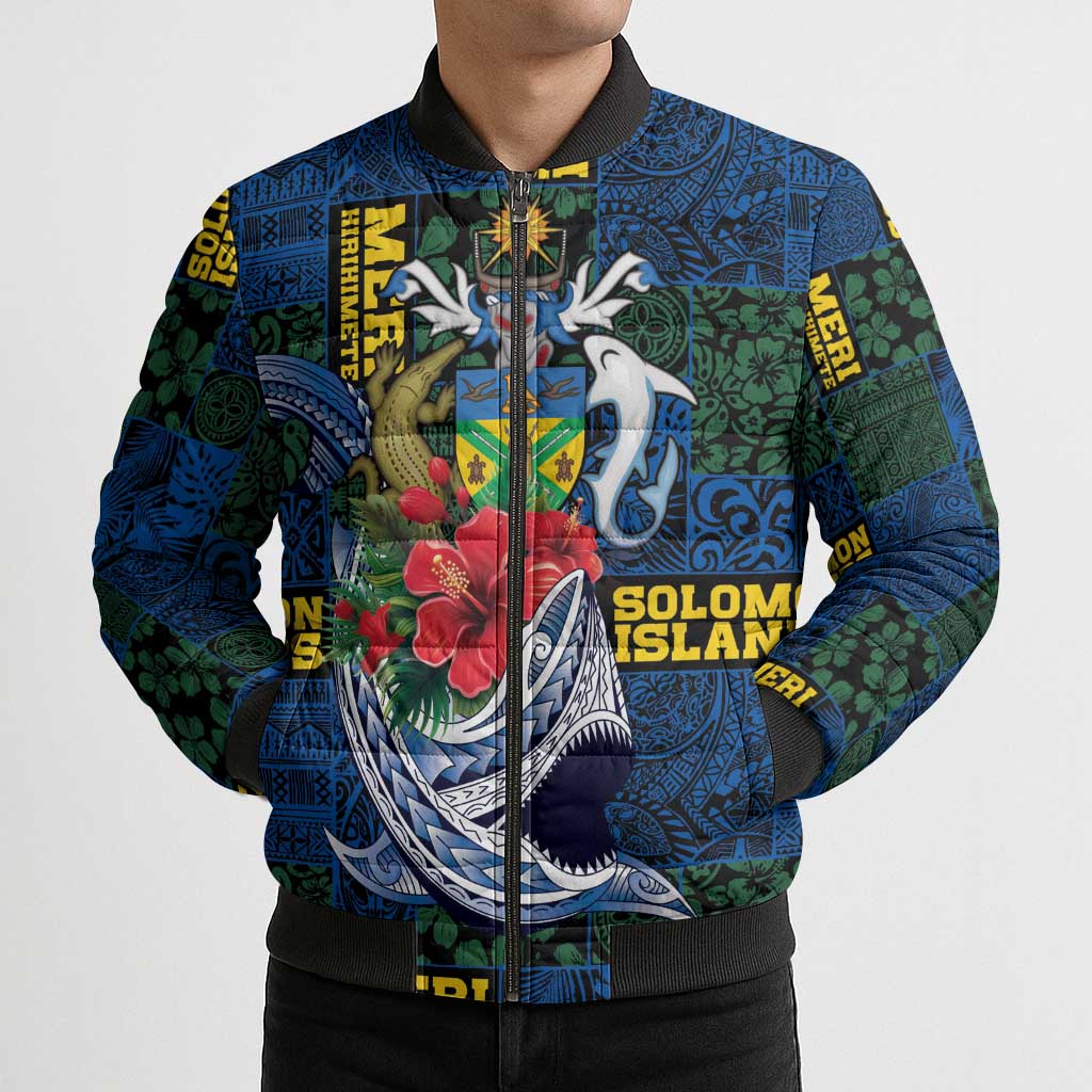 Solomon Islands Meri Kirihimete Bomber Puffer Jacket Funny Santa Riding Shark LT9 - Polynesian Pride