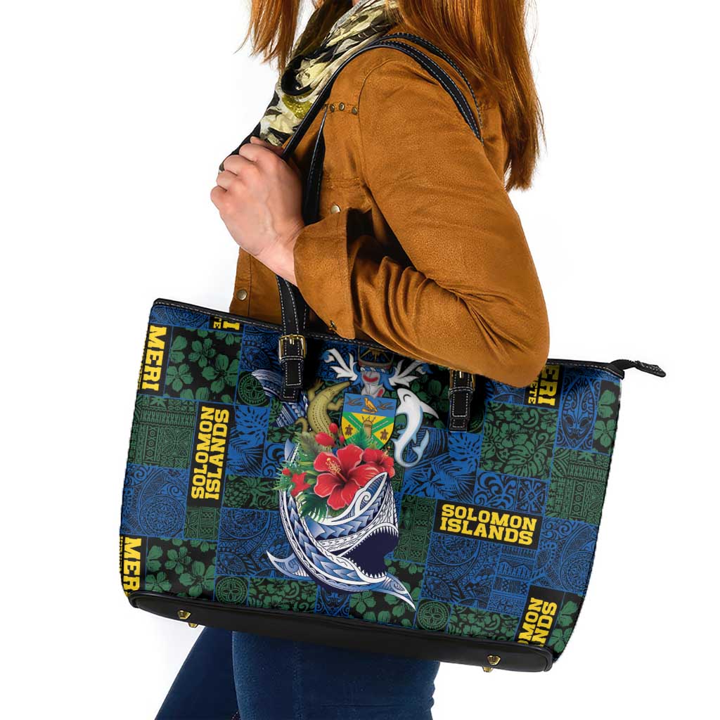 Solomon Islands Meri Kirihimete Leather Tote Bag Funny Santa Riding Shark LT9 Blue - Polynesian Pride