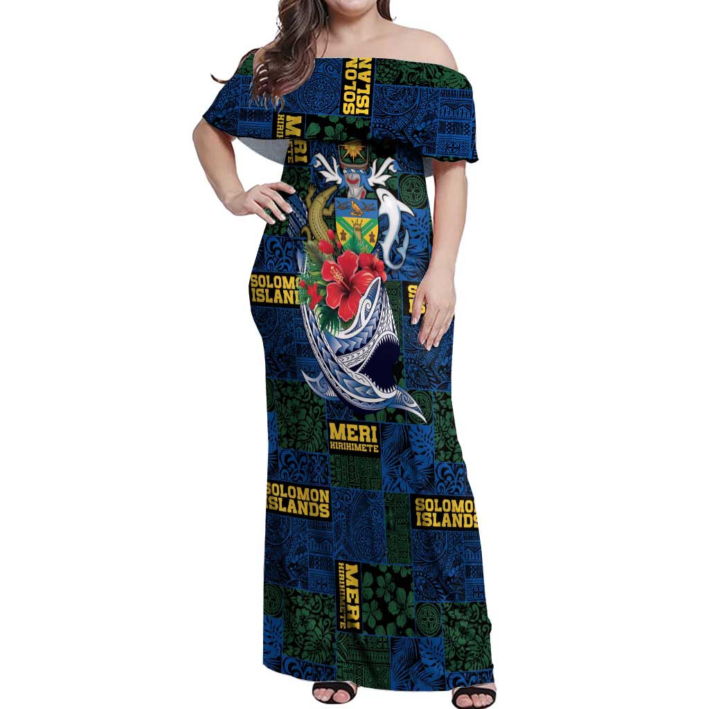 Solomon Islands Meri Kirihimete Off Shoulder Maxi Dress Funny Santa Riding Shark LT9 Women Blue - Polynesian Pride