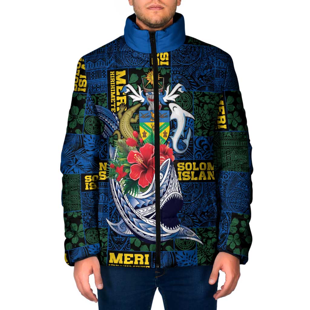 Solomon Islands Meri Kirihimete Padded Jacket Funny Santa Riding Shark LT9 Men Blue - Polynesian Pride
