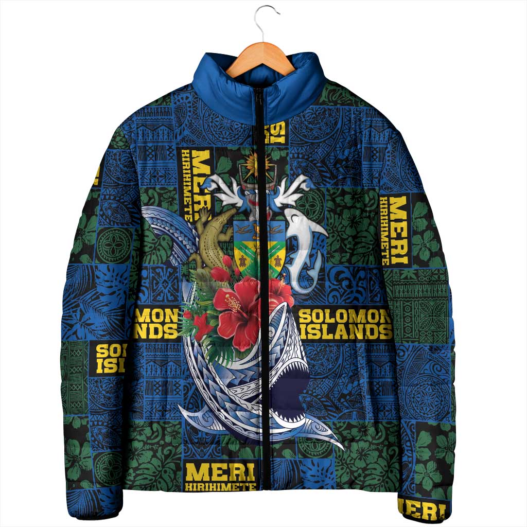 Solomon Islands Meri Kirihimete Padded Jacket Funny Santa Riding Shark LT9 - Polynesian Pride