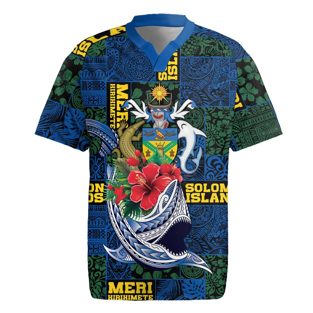 Solomon Islands Meri Kirihimete Rugby Jersey Funny Santa Riding Shark LT9 Blue - Polynesian Pride