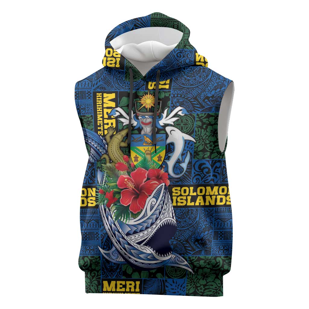 Solomon Islands Meri Kirihimete Sleeveless Hoodie Funny Santa Riding Shark LT9 Blue - Polynesian Pride