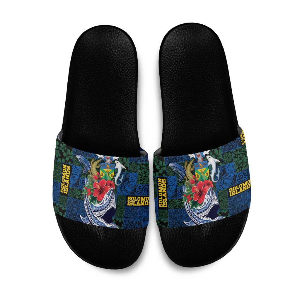 Solomon Islands Meri Kirihimete Slide Sandals Funny Santa Riding Shark LT9 Blue - Polynesian Pride