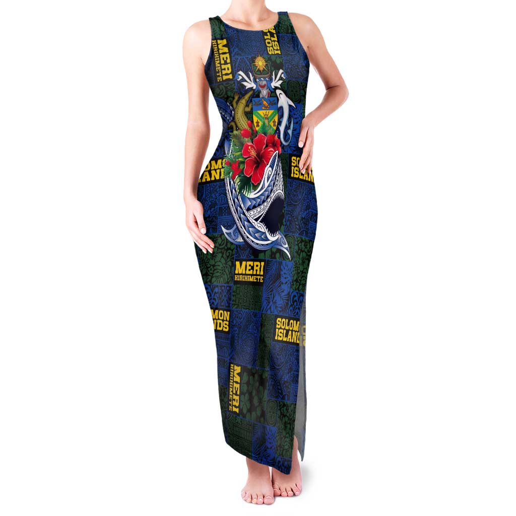 Solomon Islands Meri Kirihimete Tank Maxi Dress Funny Santa Riding Shark LT9 Women Blue - Polynesian Pride