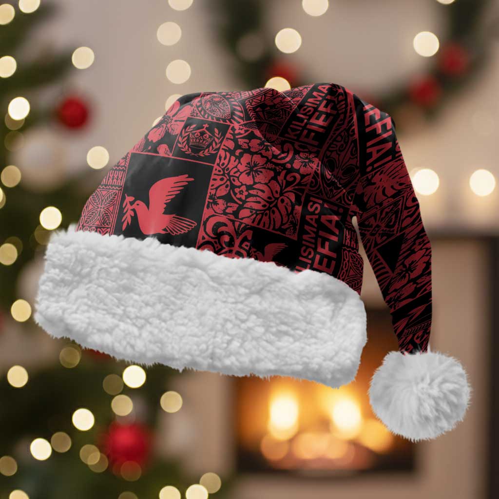 Black Tonga Kilisimasi Fiefia Christmas Santa Hat Pacific Patchwork Xmas Vibes LT9 With Fur Black - Polynesian Pride