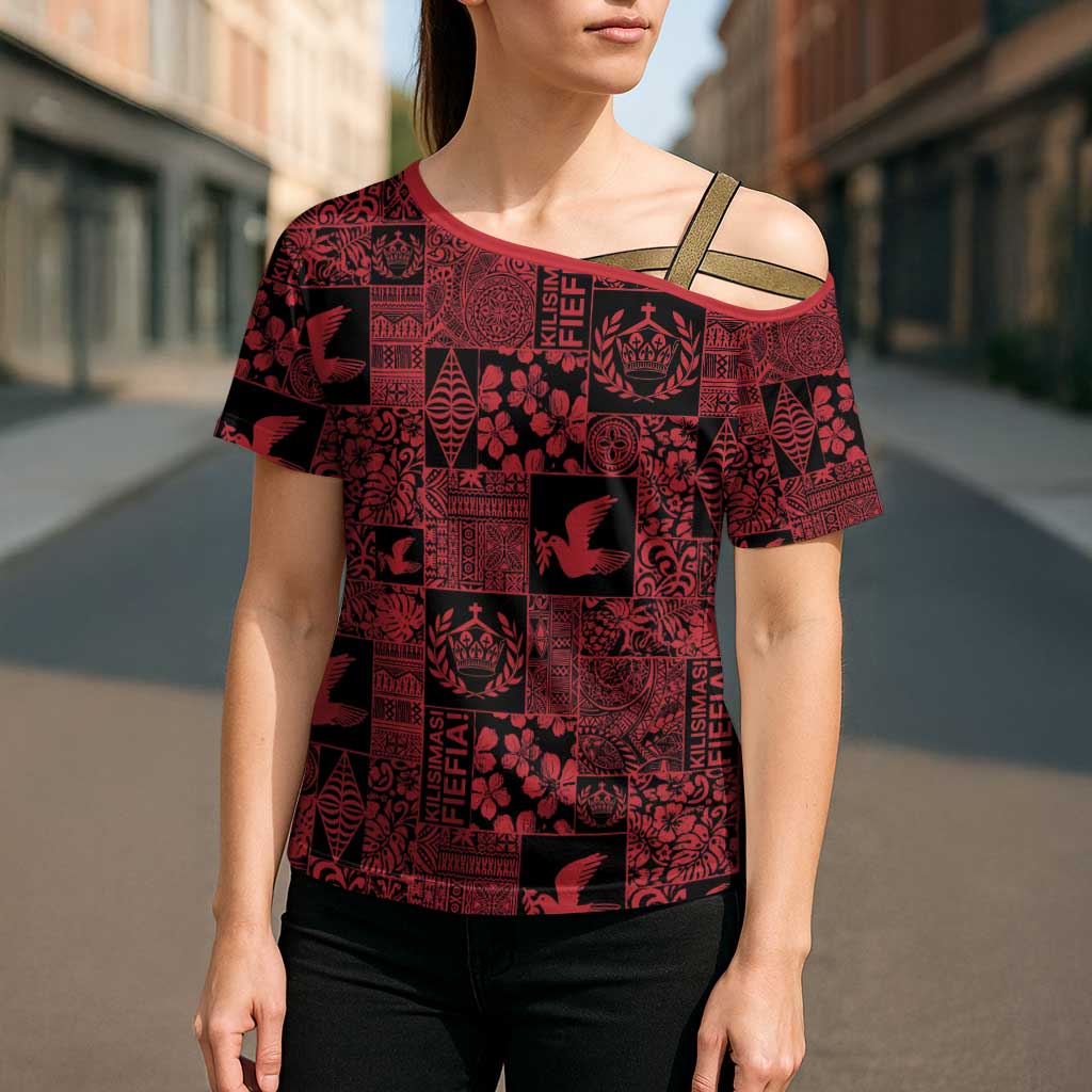 Black Tonga Kilisimasi Fiefia Cross Shoulder Shirt Pacific Patchwork Xmas Vibes LT9 - Polynesian Pride