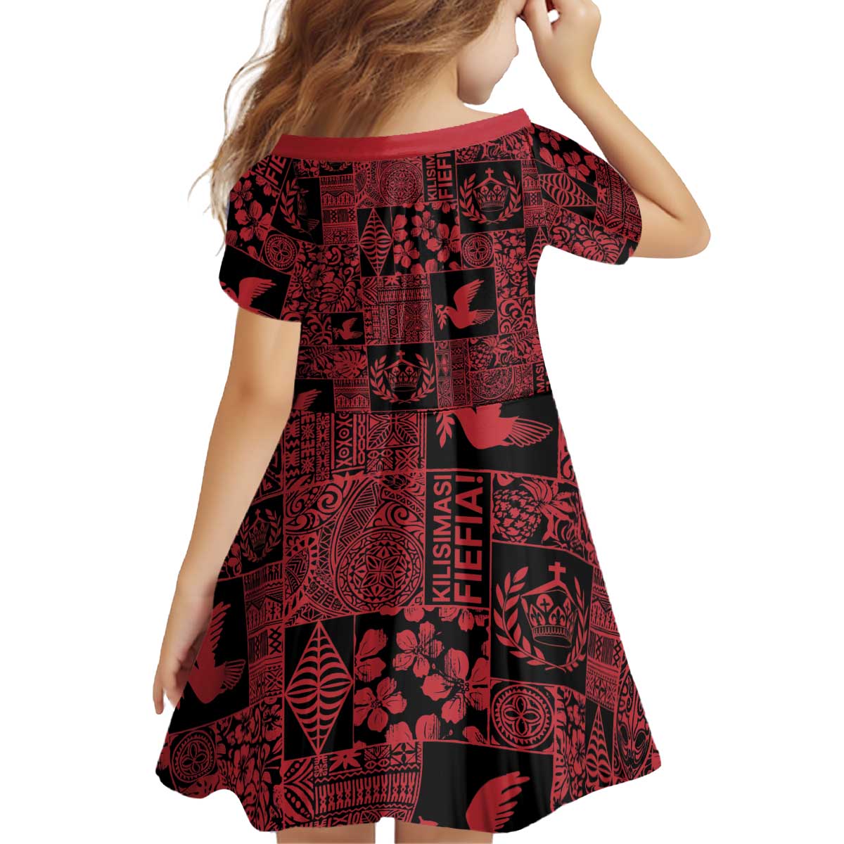 Black Tonga Kilisimasi Fiefia Kid Short Sleeve Dress Pacific Patchwork Xmas Vibes LT9 - Polynesian Pride