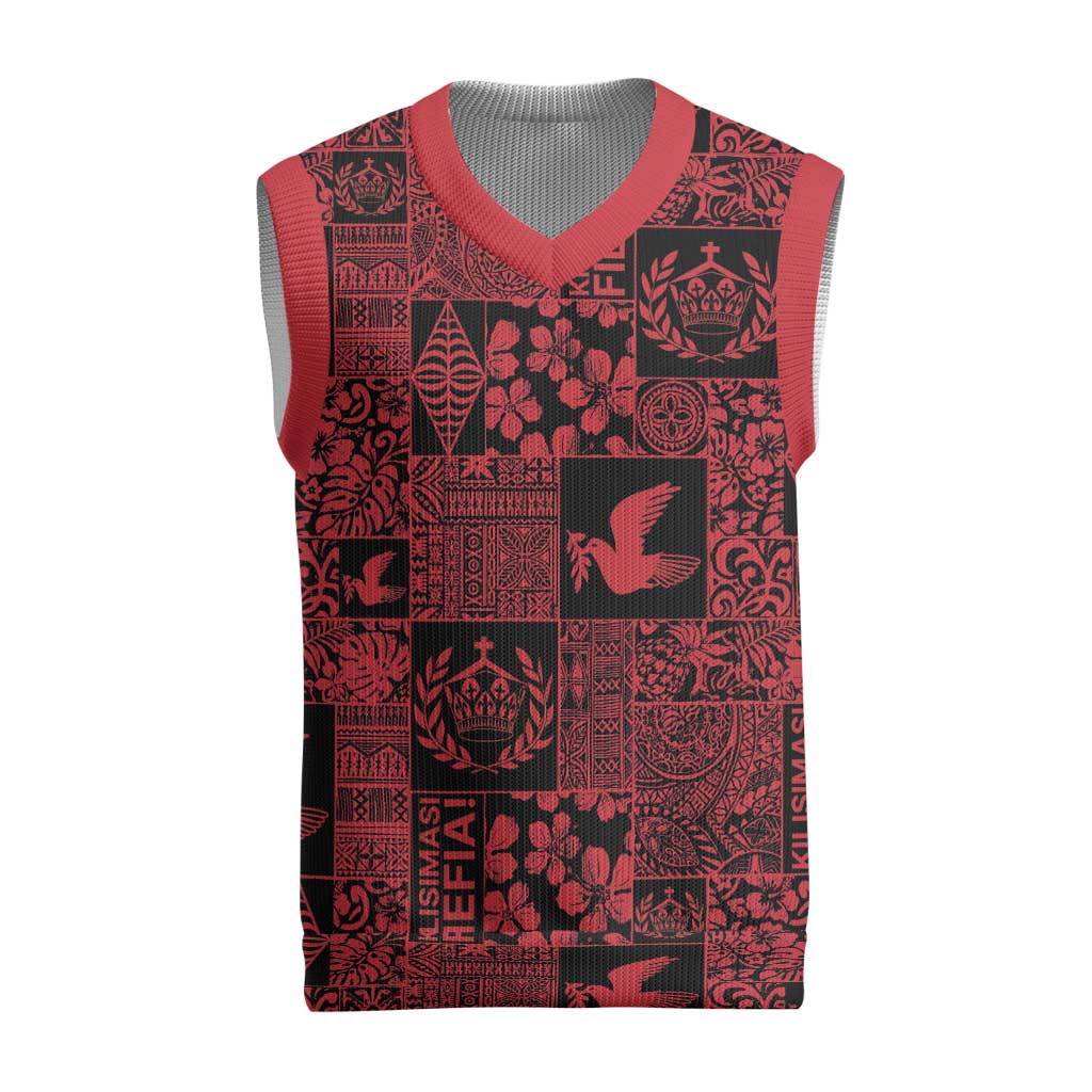 Black Tonga Kilisimasi Fiefia Christmas Knitted V-Neck Vest Pacific Patchwork Xmas Vibes LT9 Black - Polynesian Pride