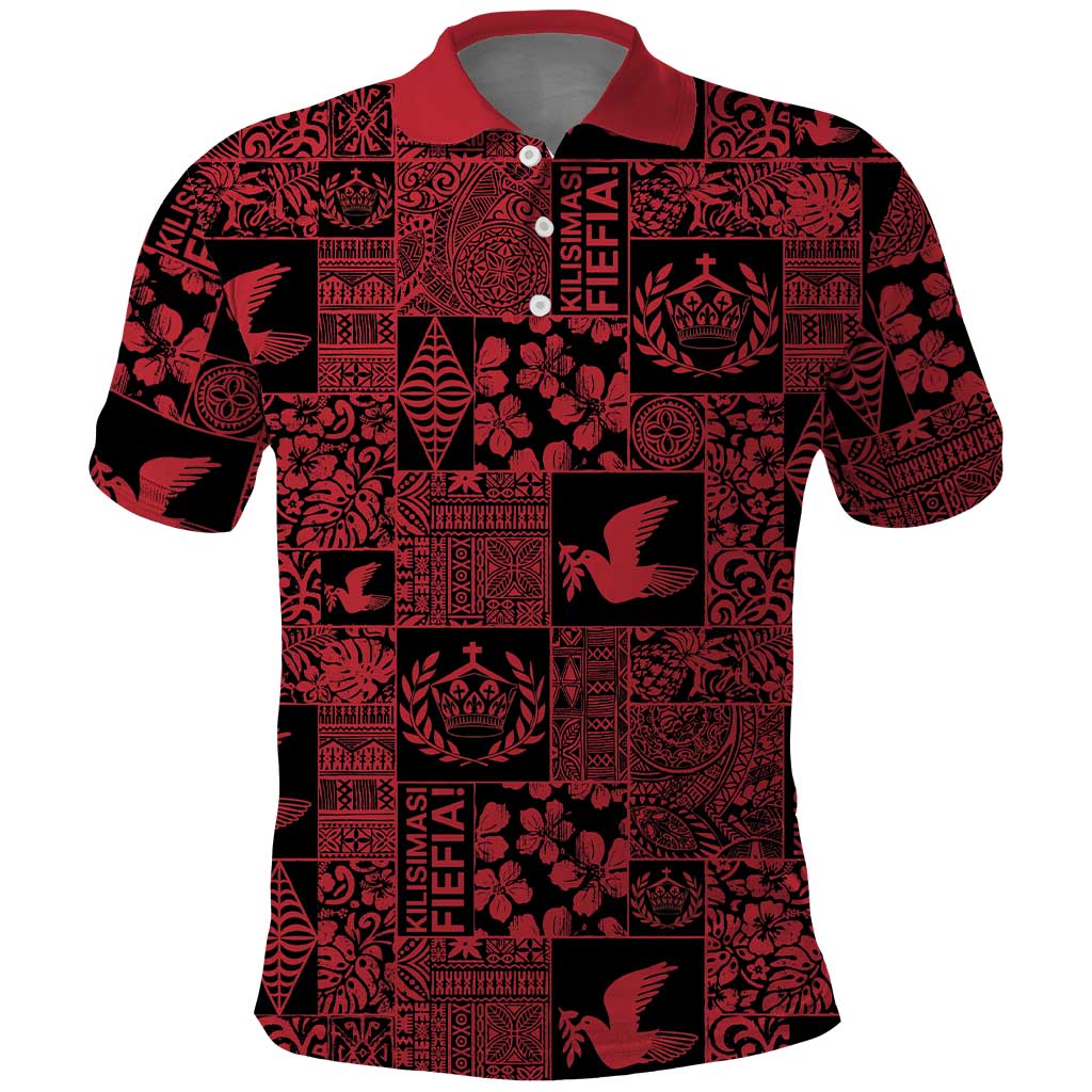 Black Tonga Kilisimasi Fiefia Polo Shirt Pacific Patchwork Xmas Vibes LT9 Black - Polynesian Pride