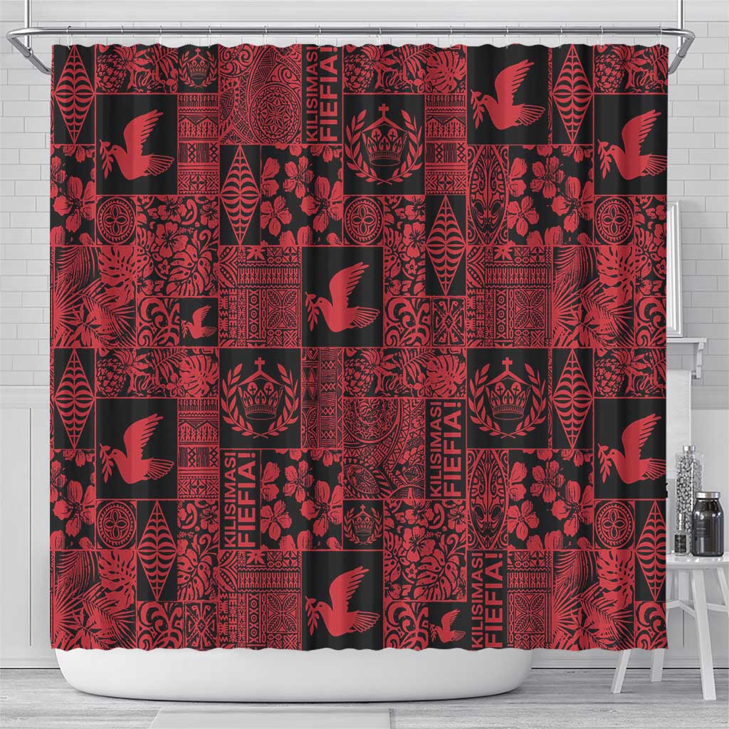 Black Tonga Kilisimasi Fiefia Shower Curtain Pacific Patchwork Xmas Vibes LT9 - Polynesian Pride