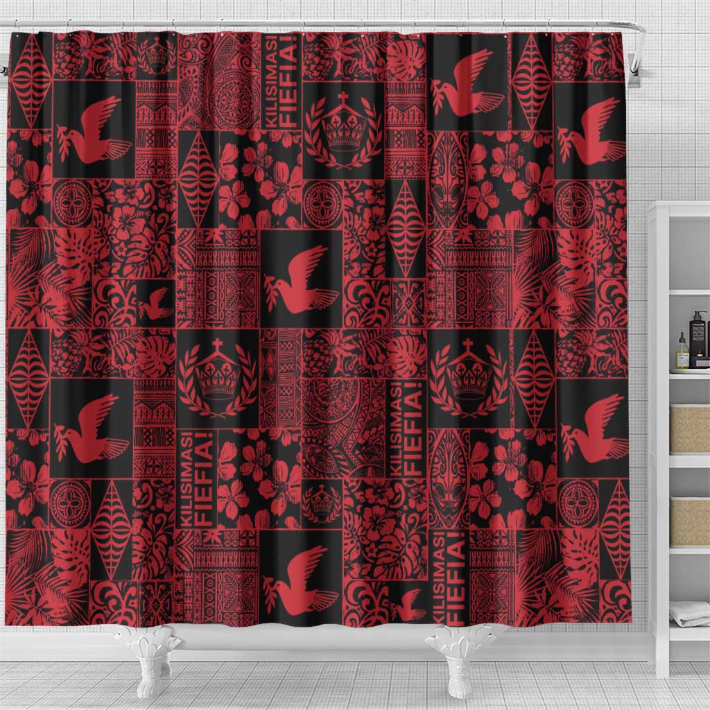 Black Tonga Kilisimasi Fiefia Shower Curtain Pacific Patchwork Xmas Vibes LT9 - Polynesian Pride