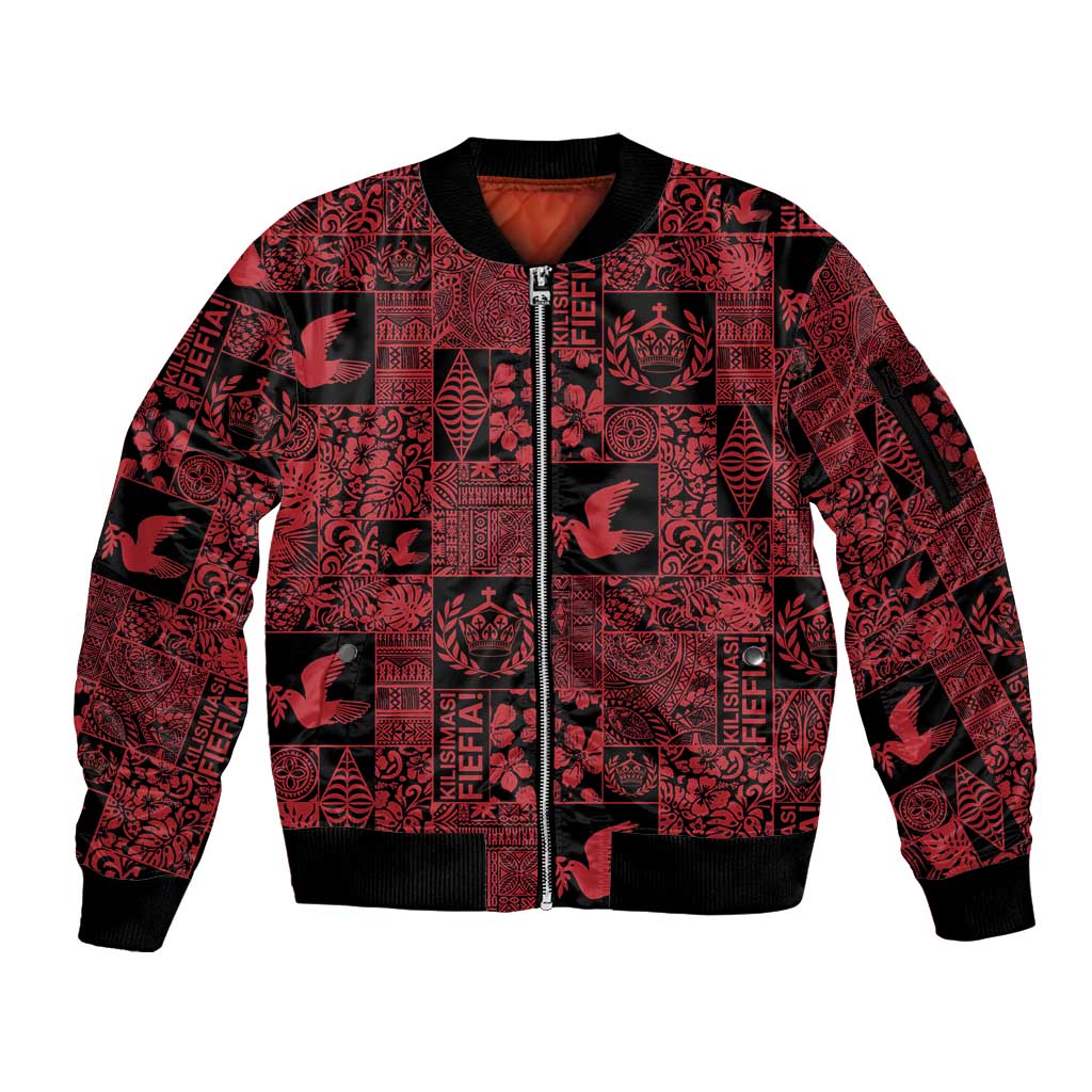 Black Tonga Kilisimasi Fiefia Sleeve Zip Bomber Jacket Pacific Patchwork Xmas Vibes LT9 Unisex Black - Polynesian Pride