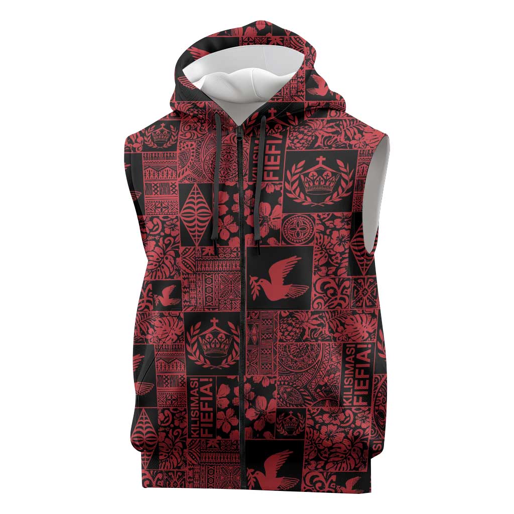 Black Tonga Kilisimasi Fiefia Sleeveless Zip Hoodie Pacific Patchwork Xmas Vibes LT9 Black - Polynesian Pride