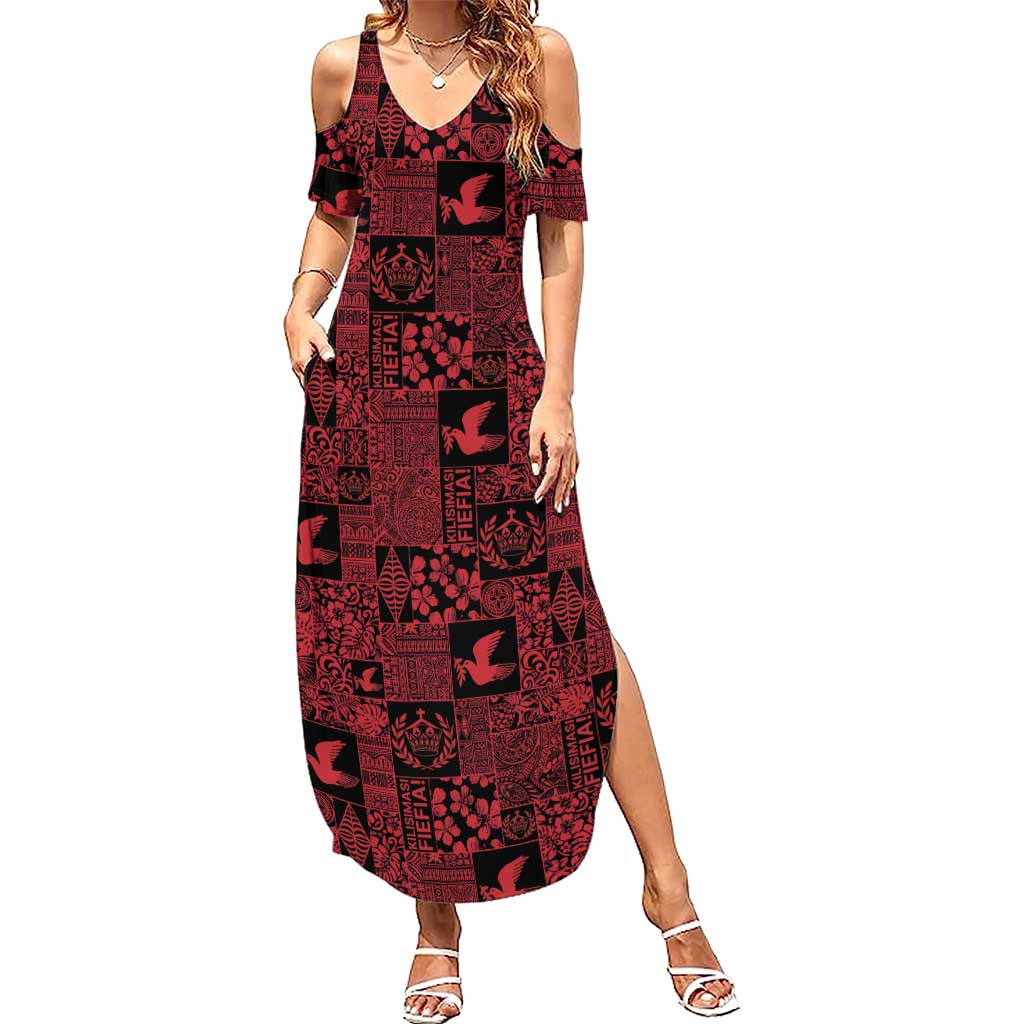 Black Tonga Kilisimasi Fiefia Summer Maxi Dress Pacific Patchwork Xmas Vibes LT9 Women Black - Polynesian Pride