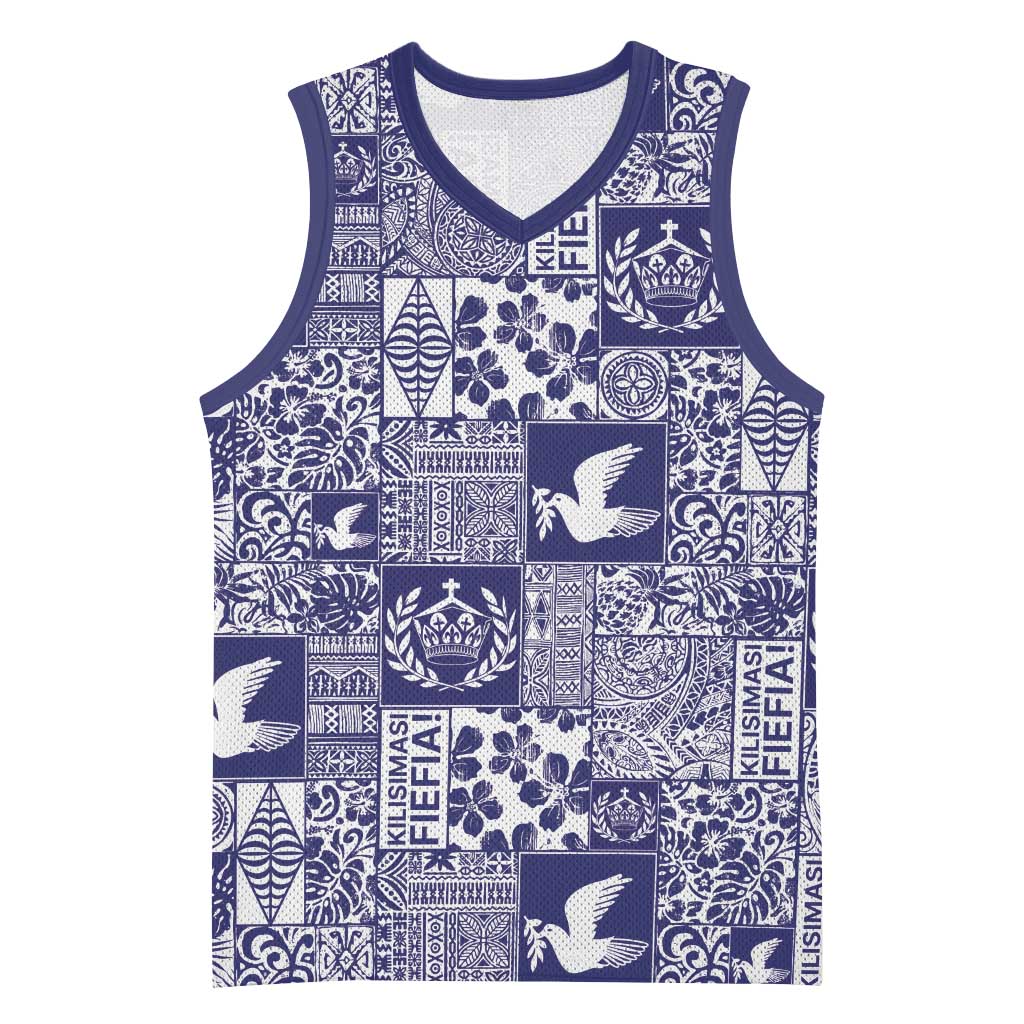 Blue Tonga Kilisimasi Fiefia Basketball Jersey Pacific Patchwork Xmas Vibes LT9 Unisex Blue - Polynesian Pride