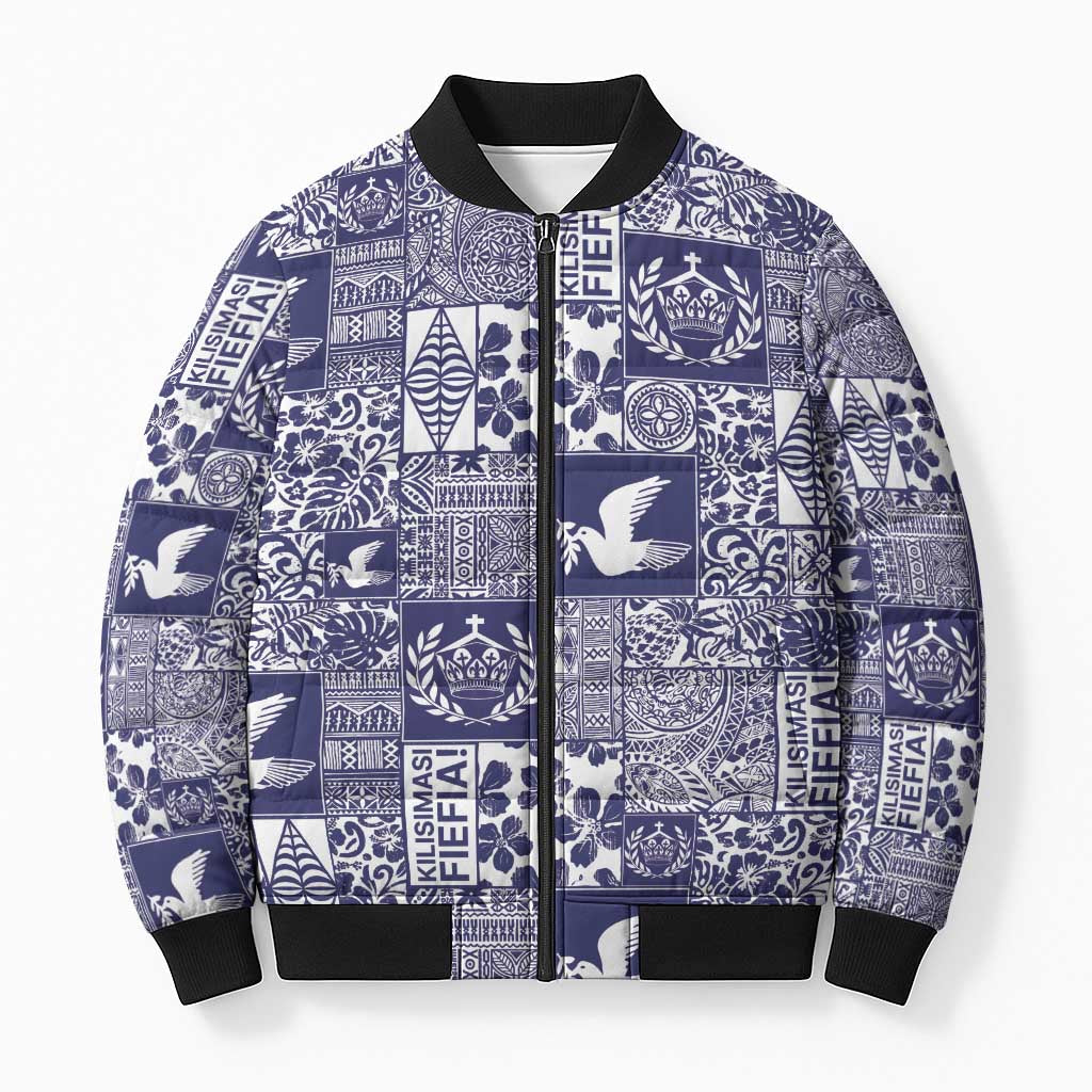 Blue Tonga Kilisimasi Fiefia Bomber Puffer Jacket Pacific Patchwork Xmas Vibes LT9 Unisex Blue - Polynesian Pride