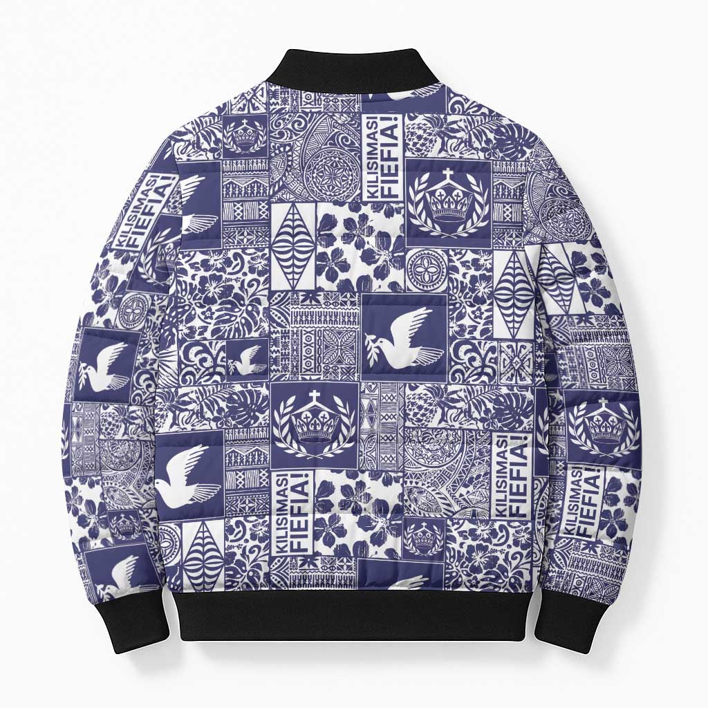 Blue Tonga Kilisimasi Fiefia Bomber Puffer Jacket Pacific Patchwork Xmas Vibes LT9 - Polynesian Pride