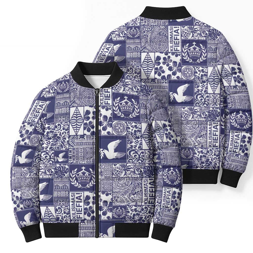Blue Tonga Kilisimasi Fiefia Bomber Puffer Jacket Pacific Patchwork Xmas Vibes LT9 - Polynesian Pride