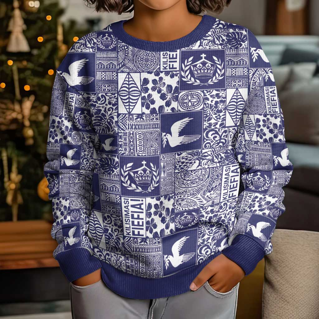 Blue Tonga Kilisimasi Fiefia Kid Ugly Christmas Sweater Pacific Patchwork Xmas Vibes LT9 - Polynesian Pride