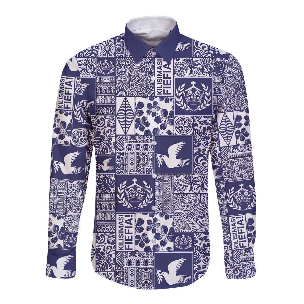 Blue Tonga Kilisimasi Fiefia Long Sleeve Button Shirt Pacific Patchwork Xmas Vibes LT9 Unisex Blue - Polynesian Pride
