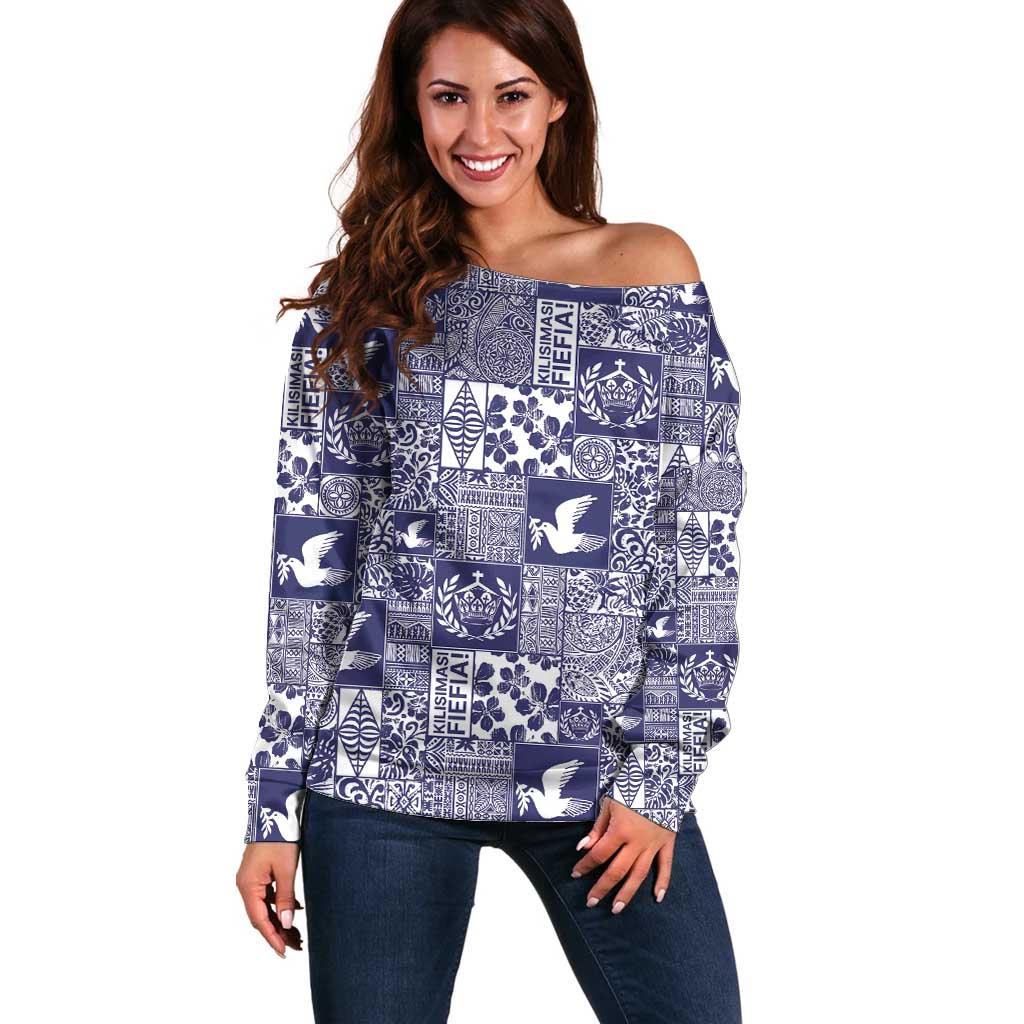 Blue Tonga Kilisimasi Fiefia Off Shoulder Sweater Pacific Patchwork Xmas Vibes LT9 Women Blue - Polynesian Pride