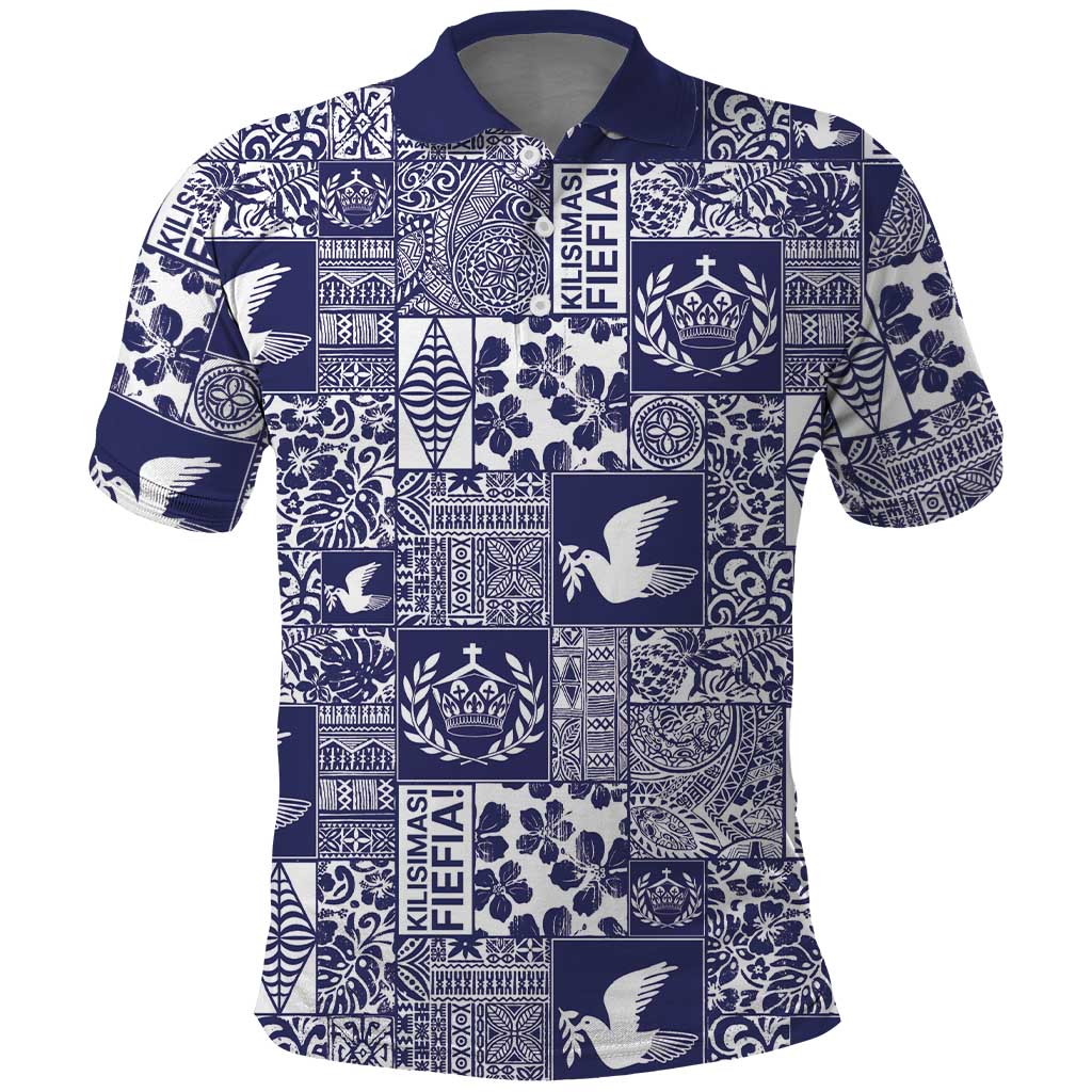 Blue Tonga Kilisimasi Fiefia Polo Shirt Pacific Patchwork Xmas Vibes LT9 Blue - Polynesian Pride