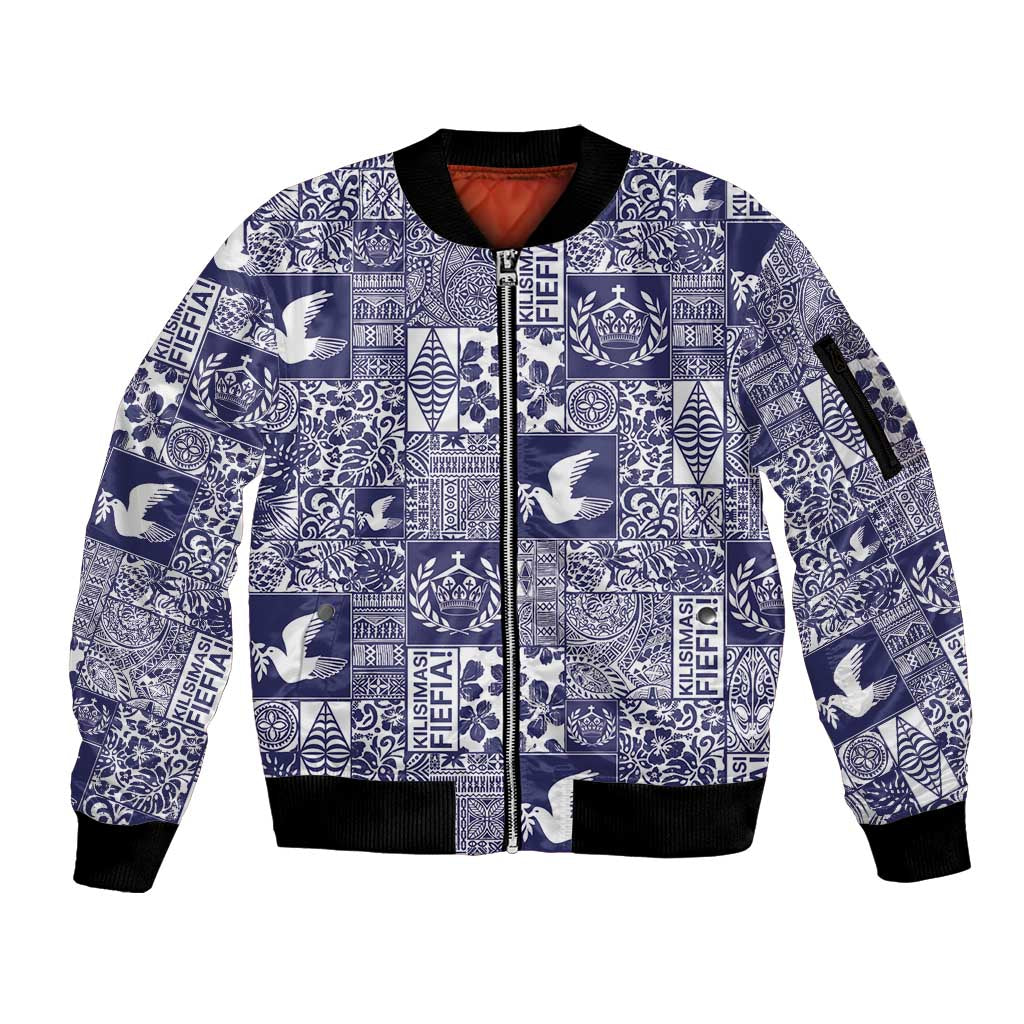 Blue Tonga Kilisimasi Fiefia Sleeve Zip Bomber Jacket Pacific Patchwork Xmas Vibes LT9 Unisex Blue - Polynesian Pride