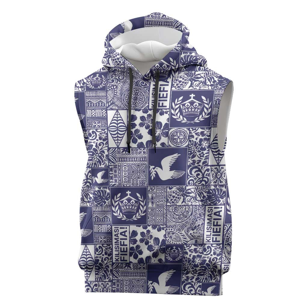 Blue Tonga Kilisimasi Fiefia Sleeveless Hoodie Pacific Patchwork Xmas Vibes LT9 Blue - Polynesian Pride