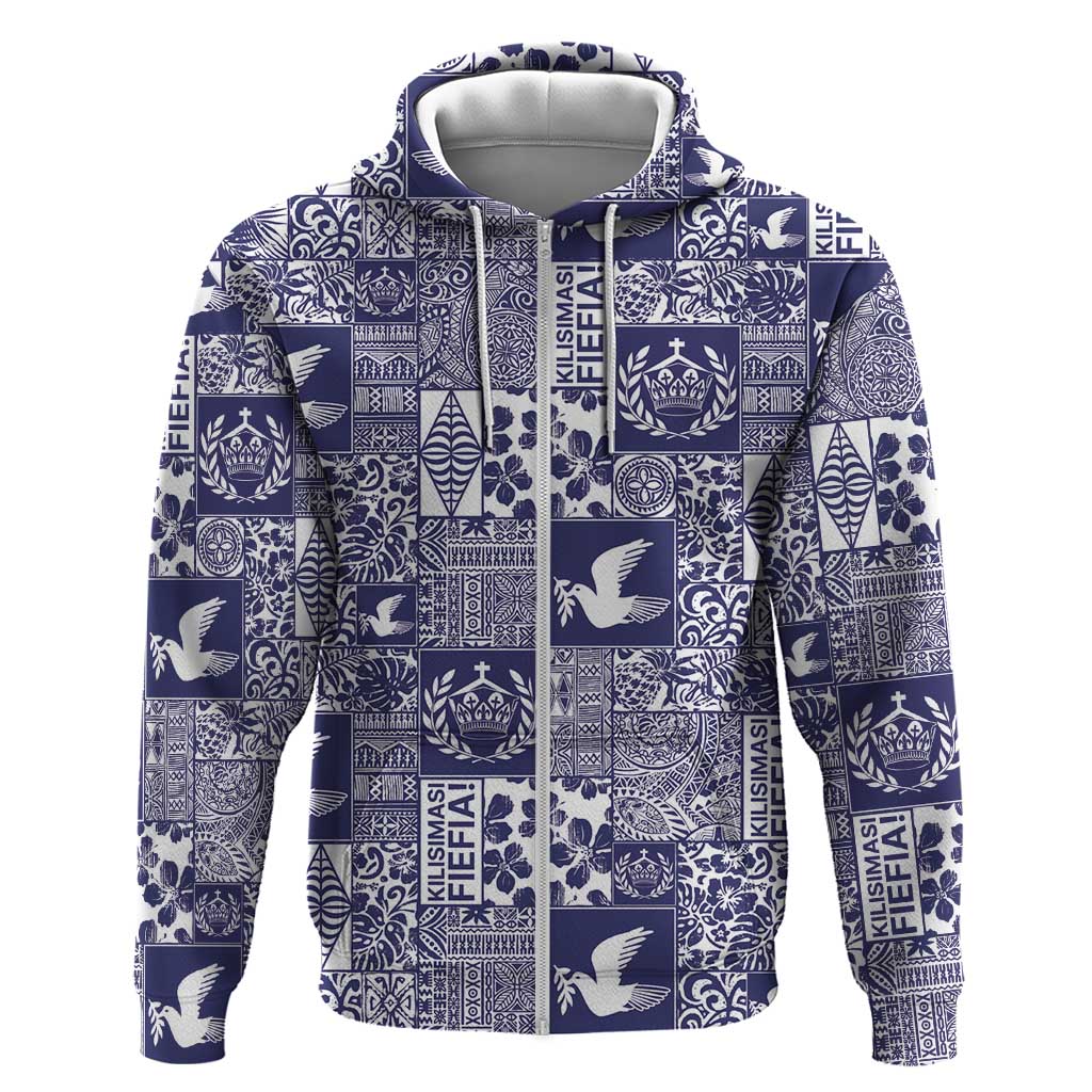 Blue Tonga Kilisimasi Fiefia Zip Hoodie Pacific Patchwork Xmas Vibes LT9 Zip Hoodie Blue - Polynesian Pride