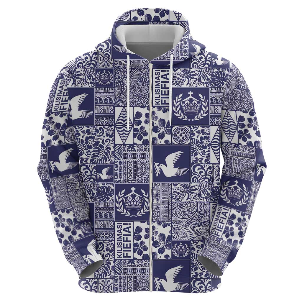 Blue Tonga Kilisimasi Fiefia Zip Hoodie Pacific Patchwork Xmas Vibes LT9 - Polynesian Pride