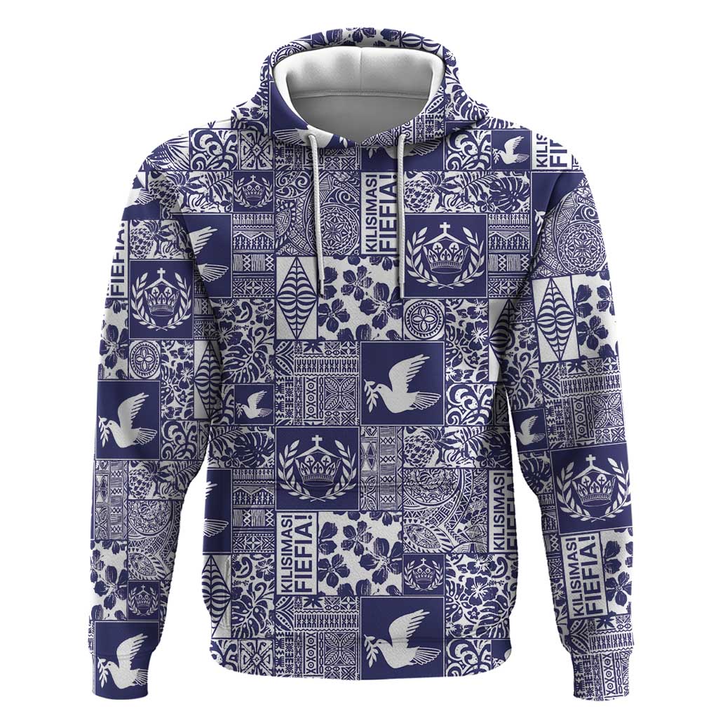 Blue Tonga Kilisimasi Fiefia Zip Hoodie Pacific Patchwork Xmas Vibes LT9 Pullover Hoodie Blue - Polynesian Pride