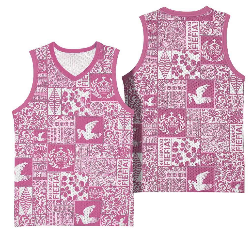Pink Tonga Kilisimasi Fiefia Basketball Jersey Pacific Patchwork Xmas Vibes LT9 - Polynesian Pride