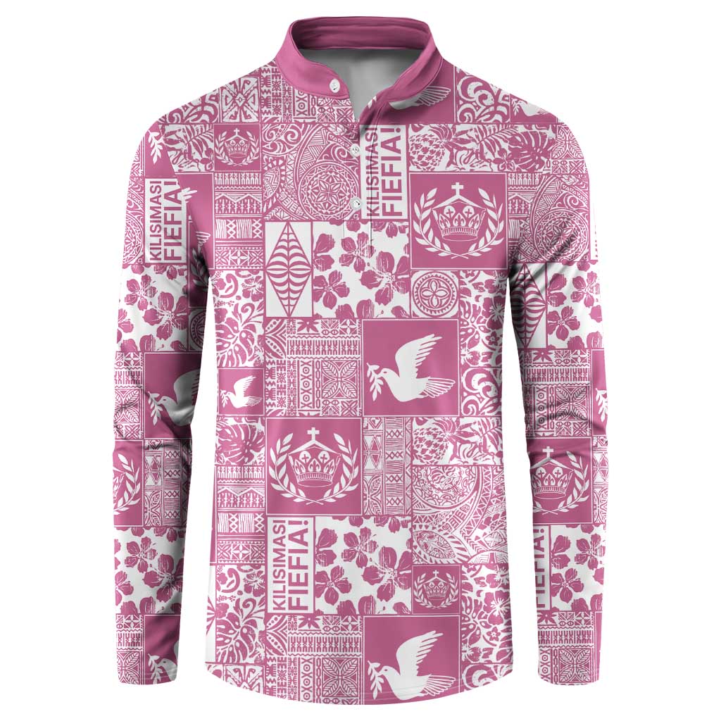 Pink Tonga Kilisimasi Fiefia Button Sweatshirt Pacific Patchwork Xmas Vibes LT9 Pink - Polynesian Pride