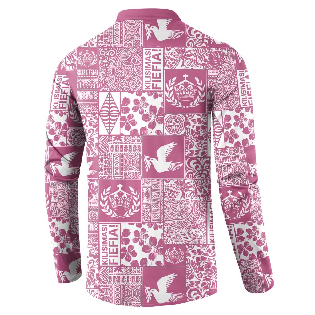 Pink Tonga Kilisimasi Fiefia Button Sweatshirt Pacific Patchwork Xmas Vibes LT9 - Polynesian Pride