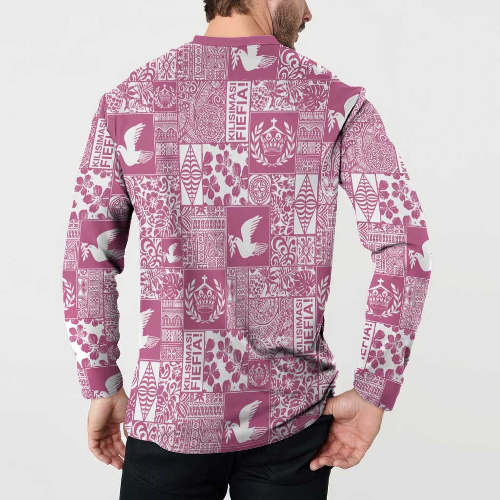 Pink Tonga Kilisimasi Fiefia Button Sweatshirt Pacific Patchwork Xmas Vibes LT9 - Polynesian Pride