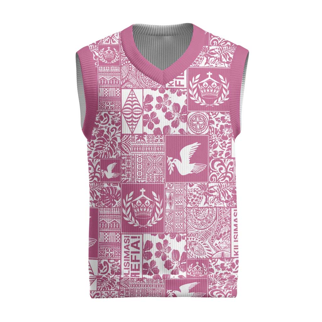 Pink Tonga Kilisimasi Fiefia Christmas Knitted V-Neck Vest Pacific Patchwork Xmas Vibes LT9 Pink - Polynesian Pride
