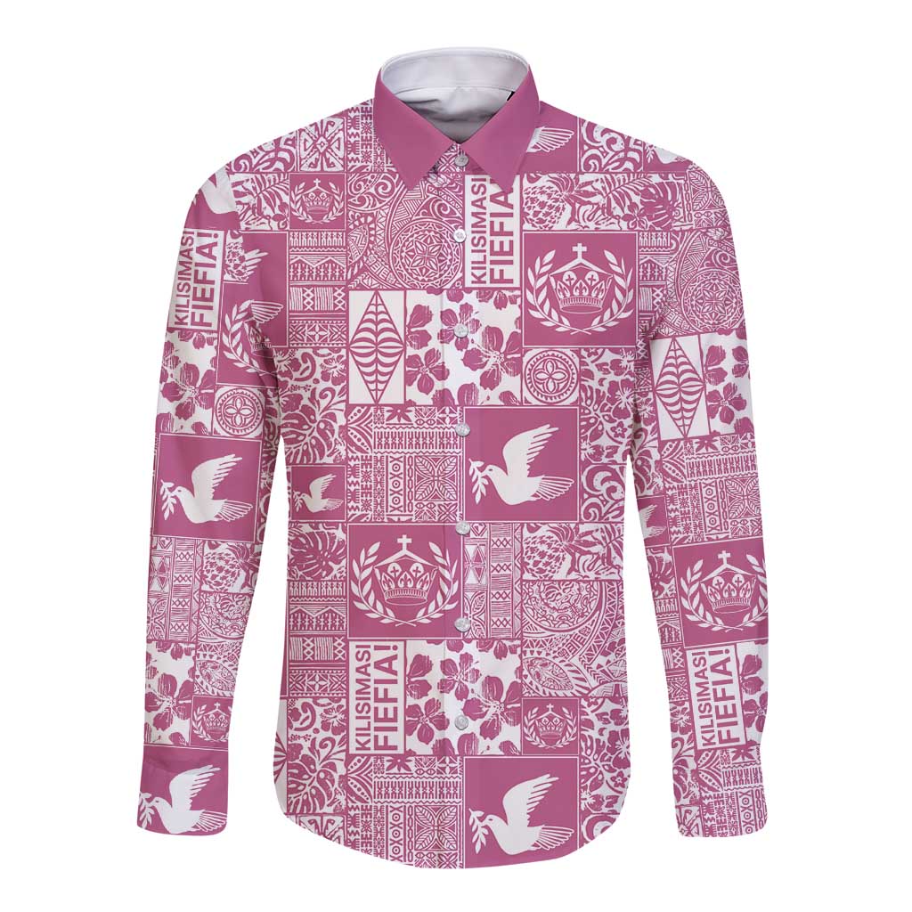 Pink Tonga Kilisimasi Fiefia Long Sleeve Button Shirt Pacific Patchwork Xmas Vibes LT9 Unisex Pink - Polynesian Pride