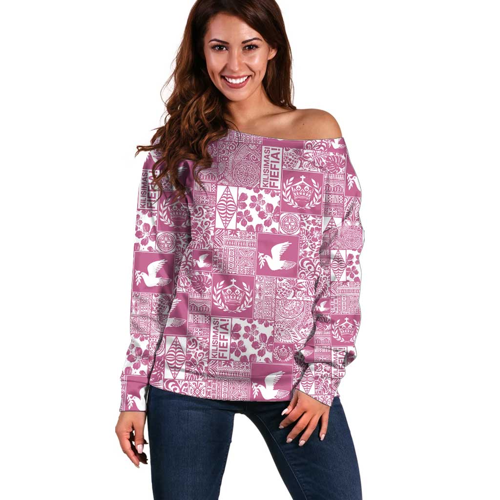 Pink Tonga Kilisimasi Fiefia Off Shoulder Sweater Pacific Patchwork Xmas Vibes LT9 Women Pink - Polynesian Pride
