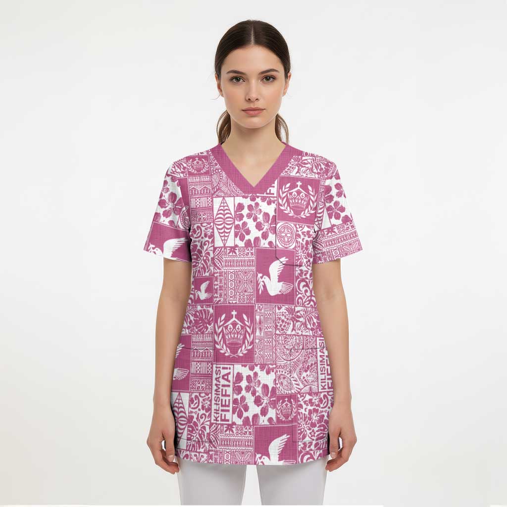 Pink Tonga Kilisimasi Fiefia Scrub Top Pacific Patchwork Xmas Vibes LT9 - Polynesian Pride