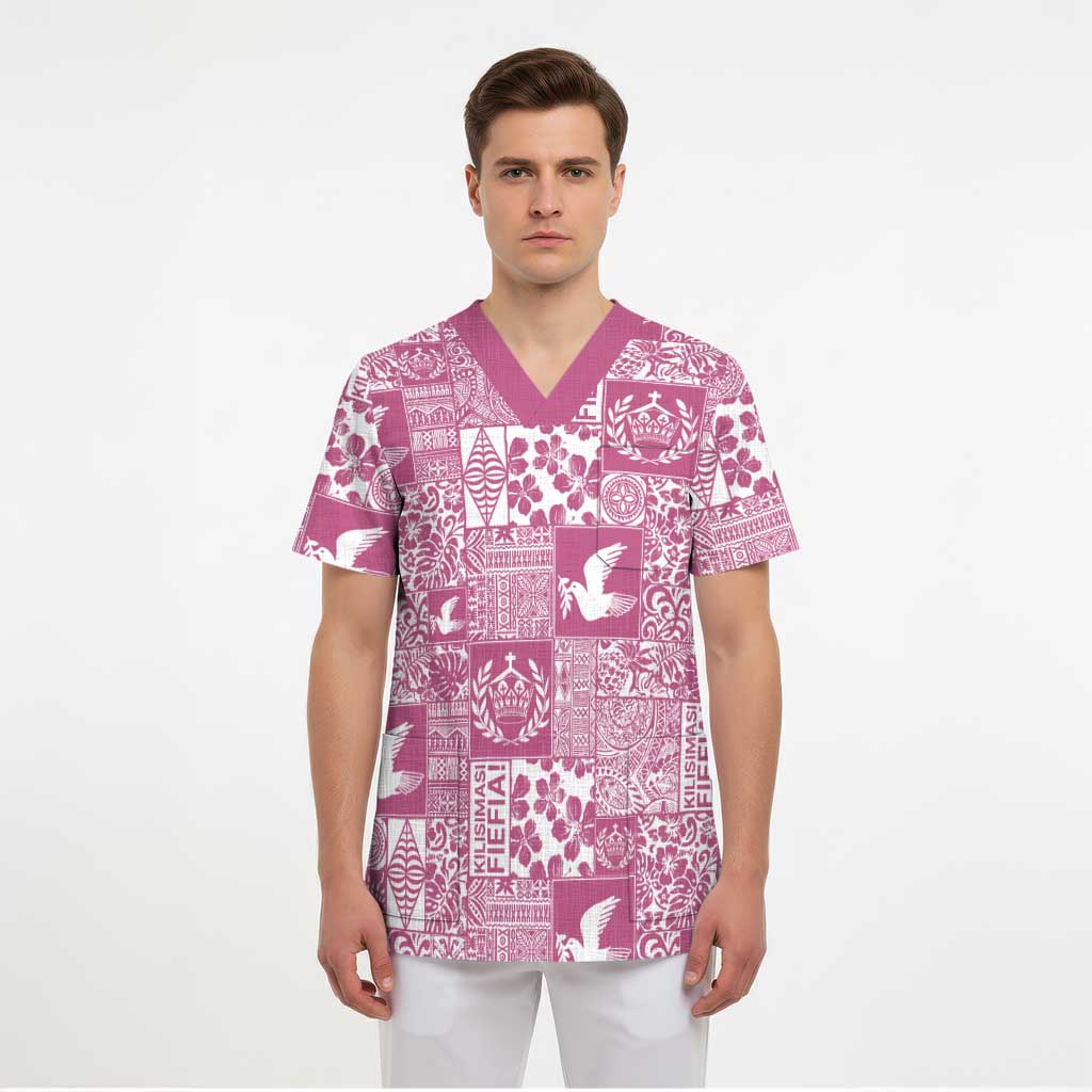 Pink Tonga Kilisimasi Fiefia Scrub Top Pacific Patchwork Xmas Vibes LT9 - Polynesian Pride