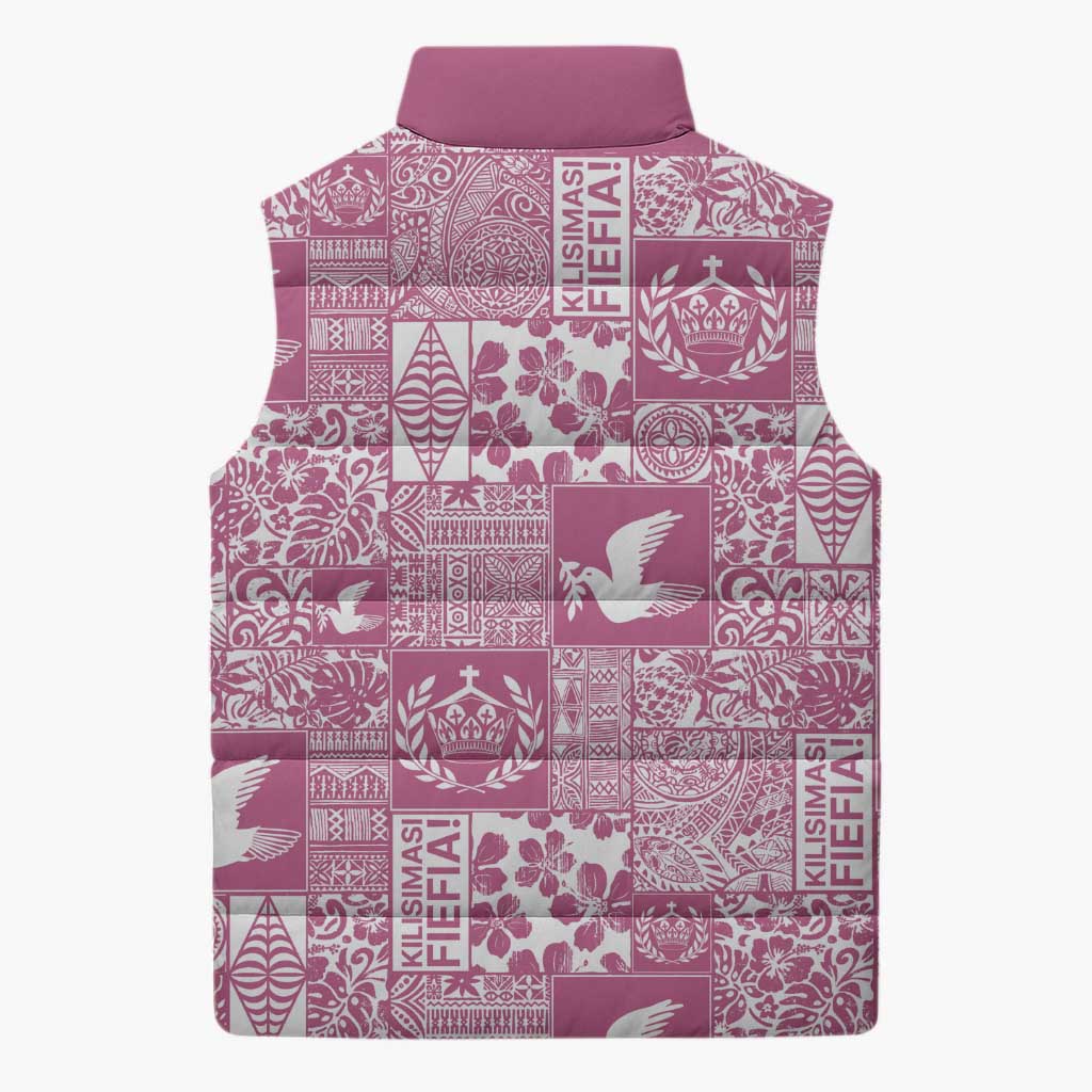 Pink Tonga Kilisimasi Fiefia Sleeveless Puffer Jacket Pacific Patchwork Xmas Vibes LT9 - Polynesian Pride