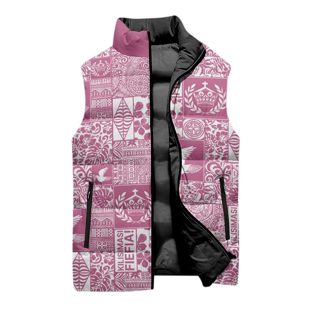 Pink Tonga Kilisimasi Fiefia Sleeveless Puffer Jacket Pacific Patchwork Xmas Vibes LT9 - Polynesian Pride
